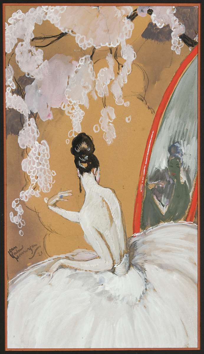 An Elegant Woman at a Mirror, under a Spray of Wisteria